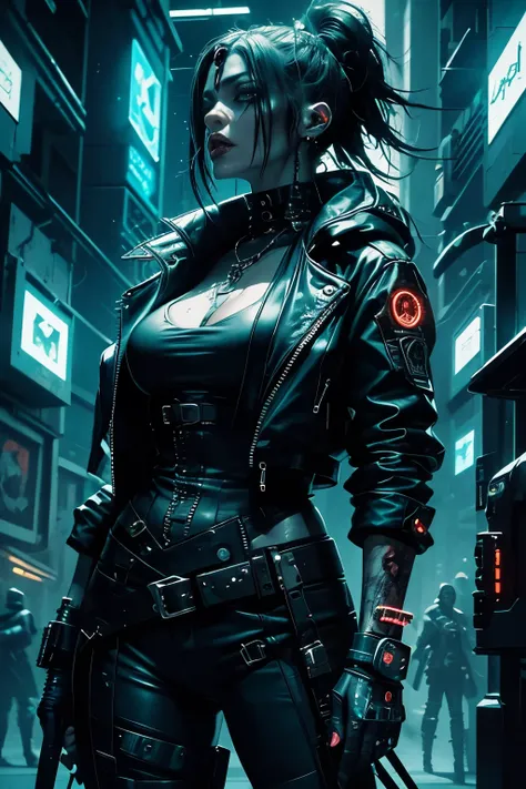 (High Quality, 16k), A cyberpunk woman zombie, clad in a provocative animal skin outfit, a cyberpunk detective with a troubled expression, gothic-cyberpunk fusion, cyberpunk dark, dark cyberpunk art, decorative gothic-cyberpunk art, horror cyberpunk, Cyber...