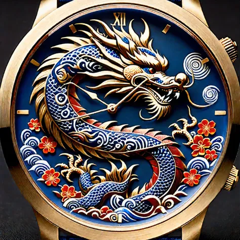 sophisticated wristwatch design， featuring a dragon within the dial， is inspired by japanese folk art and traditional culture. t...