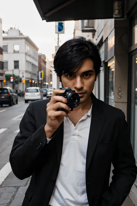 Black haired man with professional camera