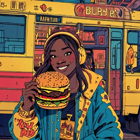 
1girl, Write: in front a Bus written on the side burger on the bus in the background, stencil style art ,Close up fisheye Depth of field Close up pov view fisheye ,background a yellow bus in new York style, add red ti the background , dj dark skin dj wear...