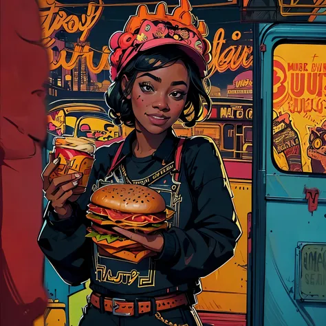 
1girl, Write: in front a Bus written on the side burger on the bus in the background, stencil style art ,Close up fisheye Depth of field Close up pov view fisheye ,background a yellow bus in new York style, add red ti the background , dj dark skin dj wear...