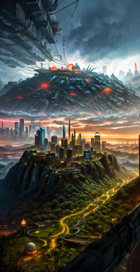 The painting depicts a surreal and futuristic landscape, A blend of awe-inspiring beauty and terror. The sky is deep, Pulsed red, The clouds seem to be alive，On the move. In the distance, Great city view view, towering skyscrapers, Neon lights, and a row o...