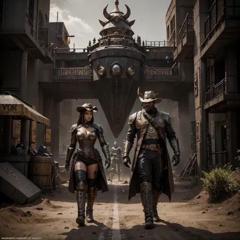 arafed image of a man and a woman walking in front of a group of robots, grimdark steampunk fantasy, ps 4 in - game cinematic, character with a hat, a horned, wasteland, official splash art, “pig, the gunslinger, gray wasteland, swarm, heavy white and gold...