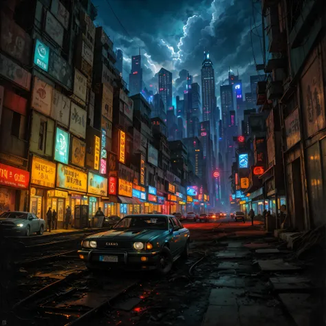 The painting depicts a surreal and futuristic landscape, A blend of awe-inspiring beauty and terror. The sky is deep, Pulsed red, The clouds seem to be alive，On the move. In the distance, Great city view view, towering skyscrapers, Neon lights, and a row o...