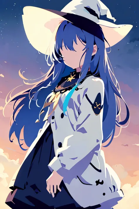 a girl with long silver hair wearing a witch hat stands alone in an outdoor scene. the sky is filled with fluffy clouds, creatin...