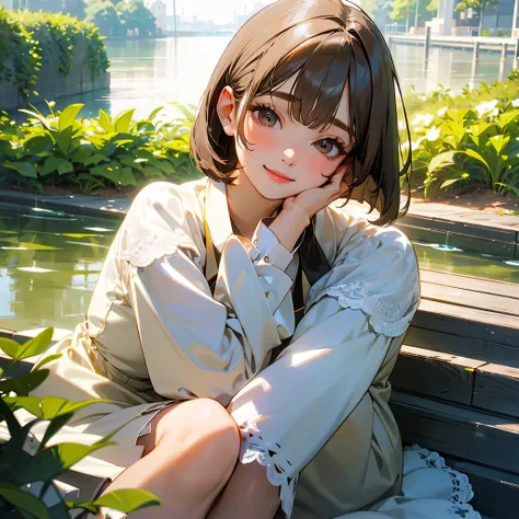 sunny day, Elegant photo of a girl in a blazer dress, (puffy eyes:1.05), (white lace shirt), platinum brown hair, (angled bob:1.4), flat bangs, (flowing hair), smile a little, Happy, happiness, high resolution skin, skin pores, A symmetrical face of wonder...