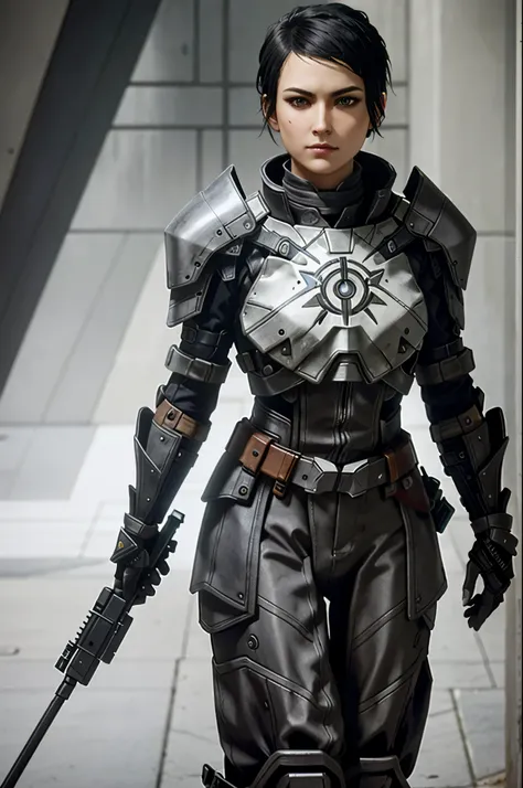 CassandraDA, solo, black hair, portrait, brown eyes, realistic, lips, short hair, uniform, closed mouth, looking to the side, black eyes, MASS EFFECT armor, futuristic, gun in hand, N7, N7 armor
