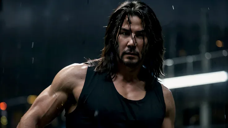 (action scene) a action american film close shot scene of a muscular young long hair ( Keanu Reeves hairstyle ) wearing a black tank top looking at the camera, heavy dark night rainy ambience background, action film atmosphere, night cinematic lighting, de...