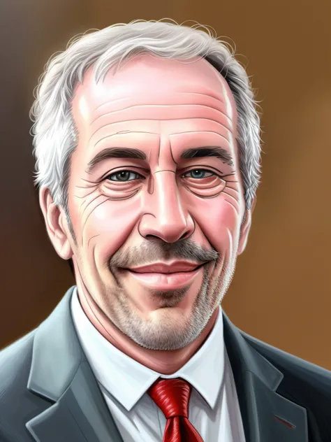 Close-up of Jeffrey Epstein smiling man in a suit, NFT Portrait, cartoon digital painting, digital cartoon painting art, High Quality Portrait, background illustration, glossy digital painting, digital illustration portrait, realistic digital illustration,...