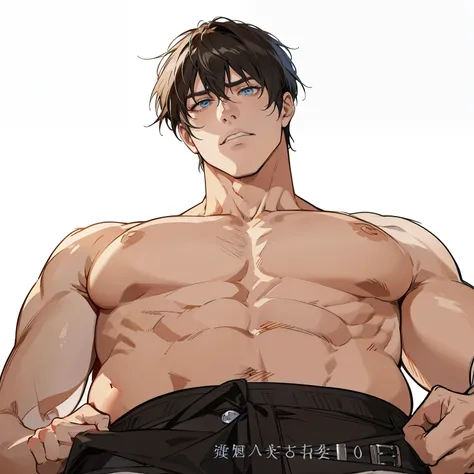 a close up of a man with a shirt on holding a belt, fluffy chest, hijikata toushirou of gintama, muscular!!, thicc, from attack on titan, muscular!, anime handsome man, eren yeager, shirtless, tall anime guy with blue eyes, as a titan, kentaro miura manga ...