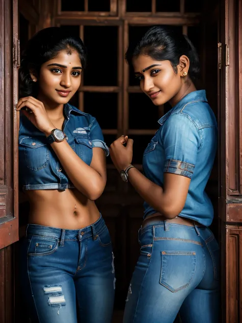 night scenario, bold photoshoot, wide angle extremely long shot, (((two gorgeous beautiful 20 years old south Indian girls))), happy faces:1.6, an abandoned palace, (intricate details:1.6 rusty broken gates windows doors dim lights flickering lights patch ...