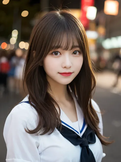 table top, highest quality, shape, Super detailed, finely, High resolution, 8k wallpaper, 完璧なダイナミックな構shape, finelyて美しい目, Wearing a high school sailor suit,medium hair,natural color lip, smile,Harajuku、teenage girl、cute、looking at the camera、C cup、brown hai...