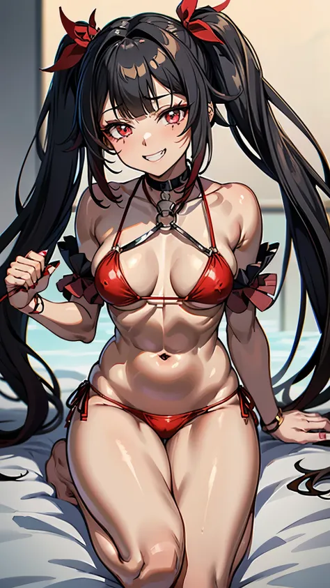 face: Art Style, Anime Style Color: Predominantly red with contrasts of black and white, Eye color: bright crimson red, with luminous reflections. Hair color Black with red highlights, HAIRSTYLE: Long with twintails, adorned with the traditional red and go...