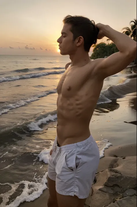 mismo hombre joven, el es blanco con pelo negro, 18 years., tiene piernas carnosas y cintura delgada, pectorales bien definidos, un buen abdomen y muy masculina.As I gaze upon the horizon, I immerse myself in the tranquil beauty of a sunset painted in warm...