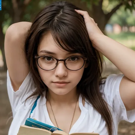 Imagen para Portada de un libro, 18 year old girl, By the chestnut,ojos claros,nerd con lentes de aumento y brackets, obra maestra