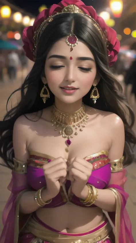 (best quality, highres, ultra-detailed), chubby face, natural breast, wearing hot Indian attire, captivating cleavage, charming black hair, vibrant night market scenes, bokeh, street food, colorful lights, bustling atmosphere, joyful crowd, aromatic spices...