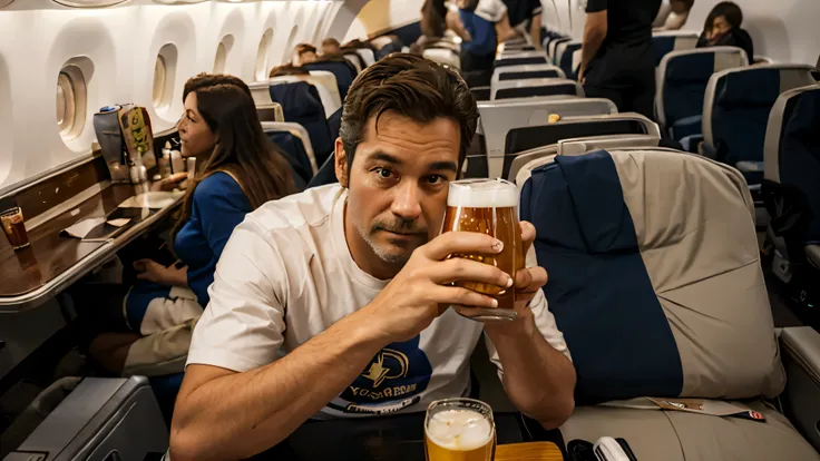 Man, 30 years, drinks beer on the plane, there are 2-3 cans of beer nearby