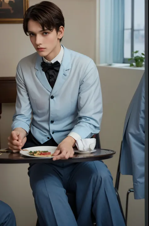 arafed man in a blue suit sitting at a table with a plate of food, wearing a light blue suit, delicate androgynous prince, wearing tuxedo, wearing a tuxedo, well-groomed model, wearing a light blue shirt, style of ilya kushinov, aleksander rostov, blue sui...