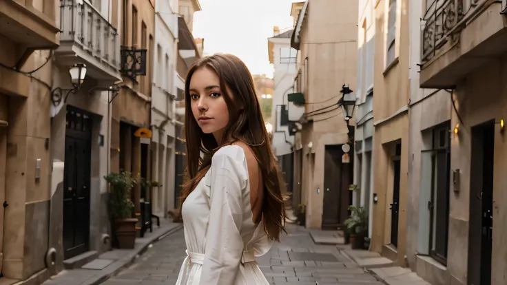  a young woman standing in a narrow street between buildings. She is dressed in a long-sleeved white dress, which is waisted and appears to be made of a light, fluid fabric. The woman has long brown hair that falls freely over her shoulders and is looking ...