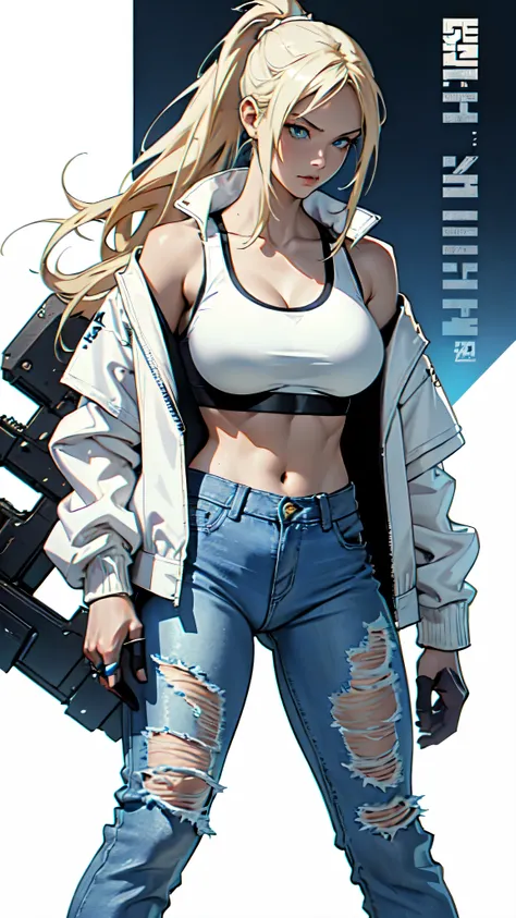 ((one girl)), full body shot of an anime girl with long thin light blonde hair tied in a ponytail facing the camera, fashion magazine model, anime character concept, character sheet, (((full body))), lips half open, (((pale skin))),  blue eyes, (((wearing ...