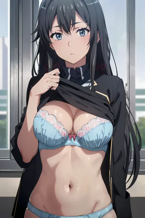 (((Pixel perfect, Perfect details))), alone, 1 girl, Yukinoshita Yukino, Uniforms, jacket, looking at the audience, Keep your mouth shut, (((She lifted her shirt, Reveal under her bra))).(grabbing the breasts:1.4),Breasts squeezed together,