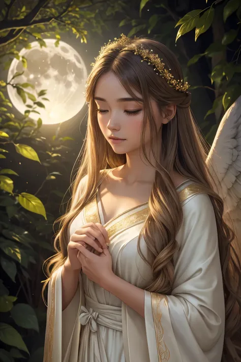 A captivating close-up portrait of a feminine angel in the stillness of a night forest. Her brown eyes, brimming with wisdom and serenity, are framed by a cascade of long, golden-brown tresses. She dons a pristine white robe, the fabric gently illuminated ...