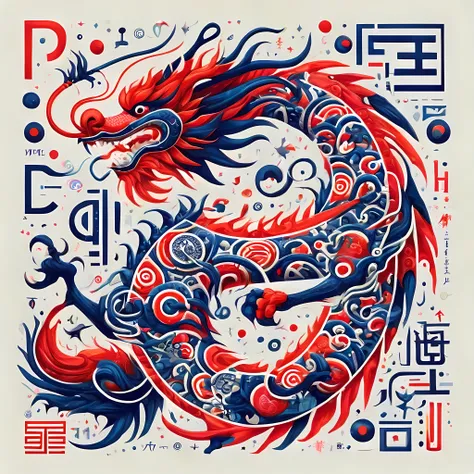 alphabet dragon totem design，abstract form of chinese dragon，scattered line shapes combined with english alphabet symbols，with i...