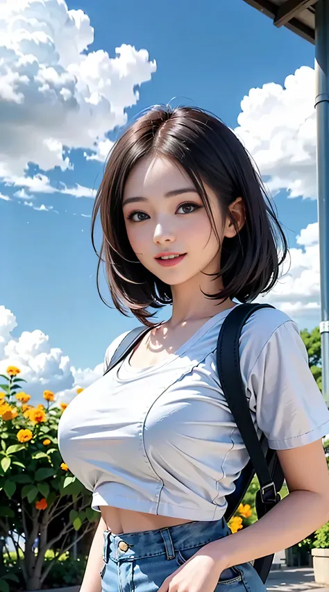 sfw, ((wearing cute little backpack on the back)), The simple illustration portrays an anime-style girl with a T-shirt that suits her well. She exudes a youthful and playful vibe, with big, expressive eyes, a charming smile, and vibrant-colored hair. Her T...