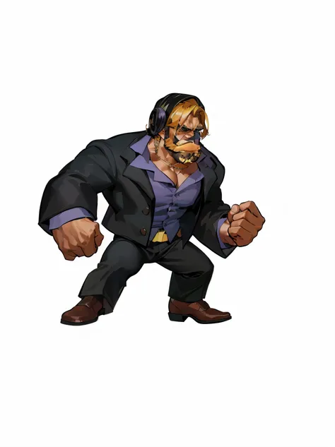 A man with strong muscles and blond hair wearing a black suit, purple shirt, brown leather shoes，Cartoon of man in suit, Mouth style, Mouth the grappler, 拳皇role in, as《iron fist》role in, Joe Biden plays the role of JoJo, fighting game characters, Mouth, ma...