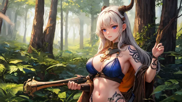 Ridiculous Viking girl with a tattoo on a forest background