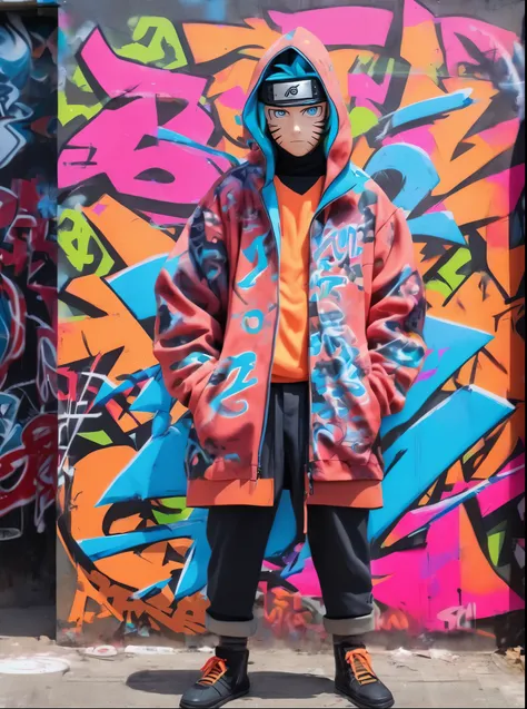 naruto with a neon onrange hoodie, standing in front of a graffiti-covered wall. cosmic theme.