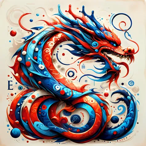 alphabet dragon totem design，abstract form of chinese dragon，scattered line shapes combined with english alphabet symbols，with i...