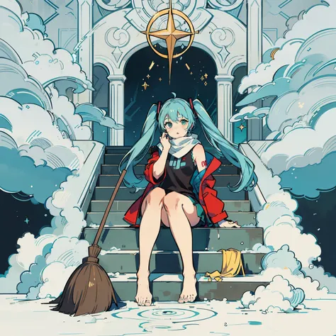 ((masuter piece)), (foot, toes), (hatsune miku), in 8K, Beautiful face, Beautiful eyes, cinematic lighting, amazing, 18 years old, full body, white tank tope, red jacket, short skirt, scarf, barefoot, sitting on stairs, on spiral-staircase reaching into cl...