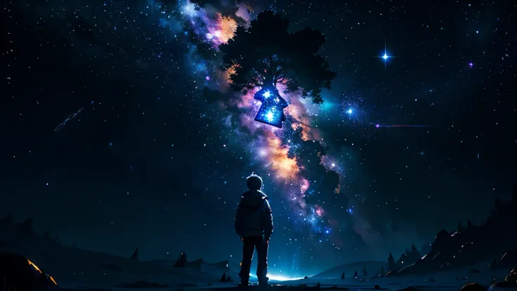 A boy, alone, standing, in outer space, giant star, bright star, dim sky, noble clothing, white clothing, golden clothing, black clothing, Yggdrasil tree, giant tree, smaller stars, (8k super detailed), (masterpiece), ((masterpiece)), ((cinematic quality))...