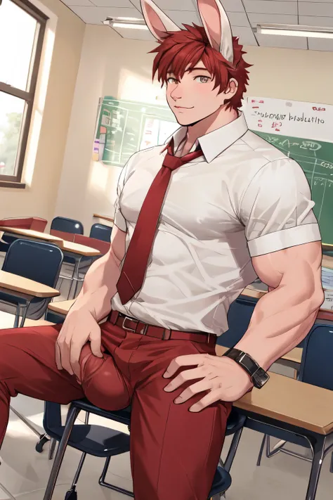 bara rabbit, red short hair, pink skin, at school, white shirt, red pants, red tie, big dick