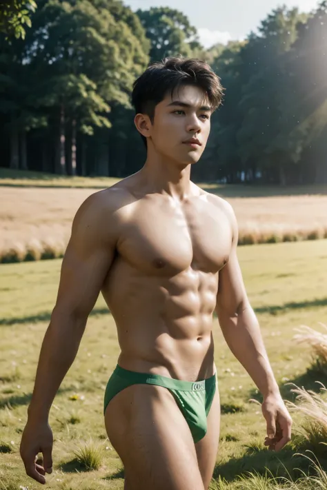 Best quality, offical wallpaper, 1boy, A sunny morning，grassy fields，ln the forest，Wearing a thong underwear,  Realistic, Photorealistic,  (EOS R8,50 millimeters,F1.2,8K,RAW photo:1.2), Bokeh