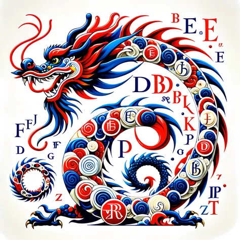 Alphabet dragon totem design，Abstract form of Chinese dragon，Scattered line shapes combined with English letter symbols，With international printing style，An expression of traditional dragon elements and modern international design in red and indigo to symb...