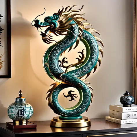 Chinese dragon table lamp design is inspired by the dragon image in traditional Chinese culture. The formidable and mysterious dragon shape as the main part of the lamp， traditional Chinese elements such as cloud pattern and twirling pattern， line and shap...