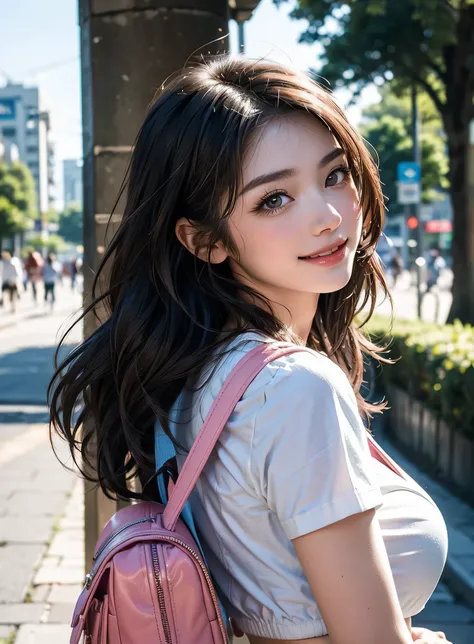 sfw, ((wearing cute little backpack on the back)), The simple illustration portrays an anime-style girl with a T-shirt that suits her well. She exudes a youthful and playful vibe, with big, expressive eyes, a charming smile, and vibrant-colored hair. Her T...