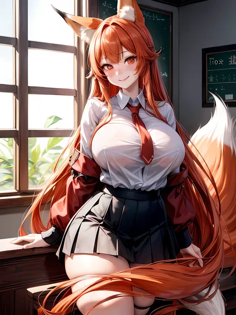 1 girl, long ginger hair, fox ears, only fox ears, crimson eyes, detailed eyes, huge breasts, wearing school uniform, skirt, tall, long nine fox tails, thicc thighs, wide hips, smile, horny, absurdes, high res, ultra sharp, 8k, masterpiece, looking at view...