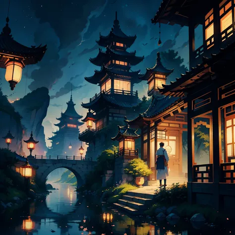 Two people stood on the bridge，There are lanterns hanging in the sky, A beautiful artwork illustration, fairy-tale illustration style, dreamlike illustration, illustration!, Chinese fantasy, Fine quality illustrations, （boy girl traditional romance）, 2 d i...