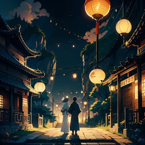 Two people stood on the bridge，There are lanterns hanging in the sky, A beautiful artwork illustration, fairy-tale illustration style, dreamlike illustration, illustration!, Chinese fantasy, Fine quality illustrations, （boy girl traditional romance）, 2 d i...