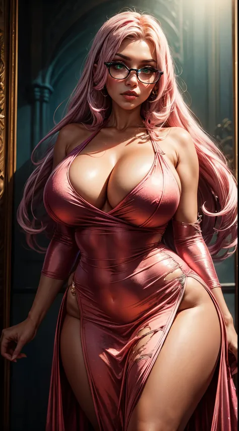 Tia is shown to have a fairly slender figure. She has pink long hair, and large pale green eyes, masterpiece:1.2, best quality, Kiel-D01, pink hair, long hair, long neon dress, torn from many places, tight dress, monster, serious, looking at viewer, round-...