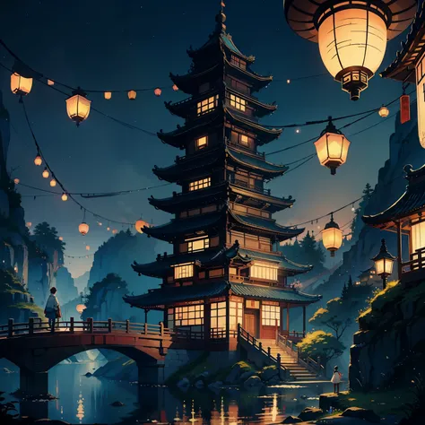 Two people stood on the bridge，There are lanterns hanging in the sky, A beautiful artwork illustration, fairy-tale illustration style, dreamlike illustration, illustration!, Chinese fantasy, Fine quality illustrations, （boy girl traditional romance）, 2 d i...