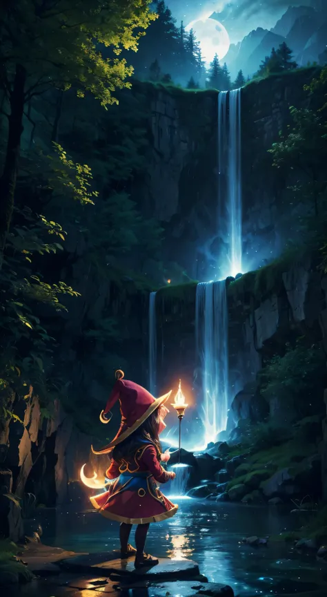 The magician Yordle Lulu (League of legend) illuminates the stage representing a magnificent veil of waterfall, lighting by the moon to reinforce its authenticity. The composition artistically captures the powerful energy and serene ambience of the waterfa...