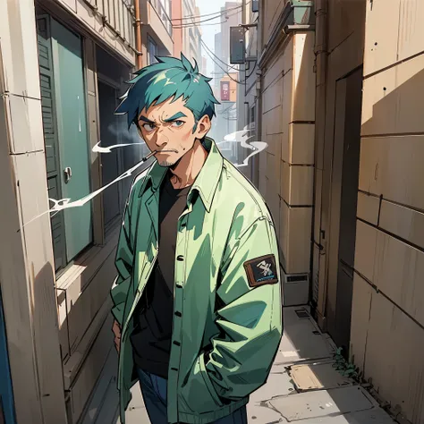 a middle-aged man，Black and blue hair，Wearing a dark green jacket，jeans，in the streets and alleys，Smoking alone against the wall。illustration style，Marker sketch style，Sketch portraits of people。