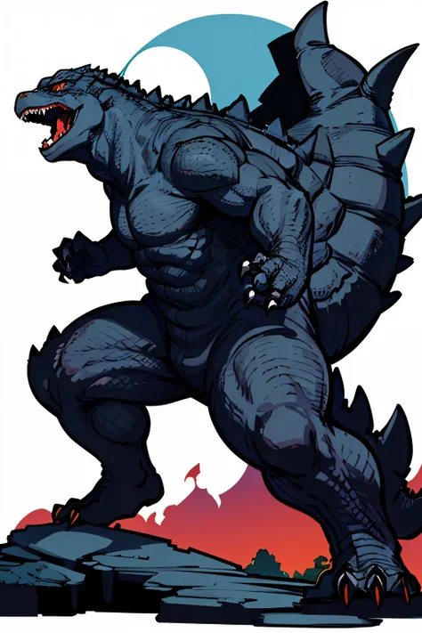 full body godzilla with his mouth wide open, solid white background with black character outline design