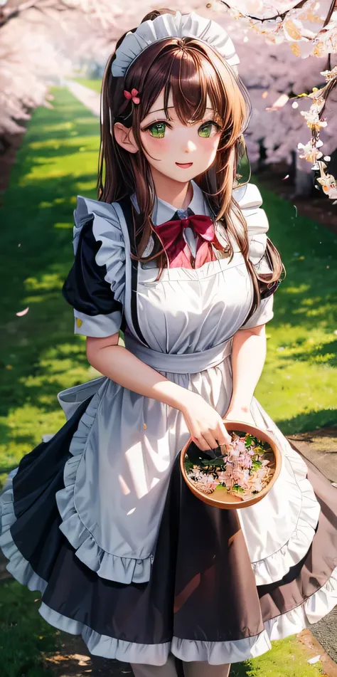 1 girl, Brown hair, multicolored hair, Green eyes, maid, maid headdress, maid apron, Cherry blossoms, Sunbeam, wallpaper,