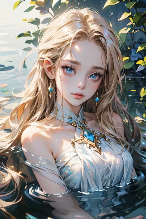 (detailed woman face, detailed eyes:1.1, light:1.1, sparkles everywhere), water, oil painting, vibrant colors, serene, soft lighting, flowing hair, graceful posture, shimmering reflections, tranquil atmosphere, gentle ripples, ethereal beauty, vivid brushs...