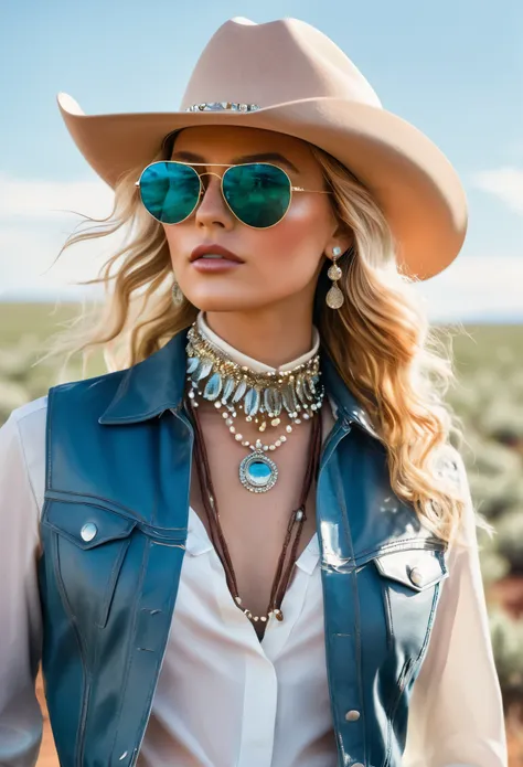 in a captivating display of contemporary western glamour, the cowgirl of the new age stands before us. her hair, a striking aqua...